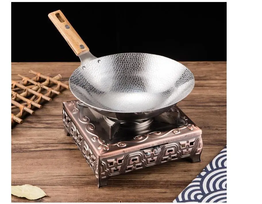Stainless Steel Wok Household Frying Pan Traditional Pan Restaurant Pot with Wooden Handle
