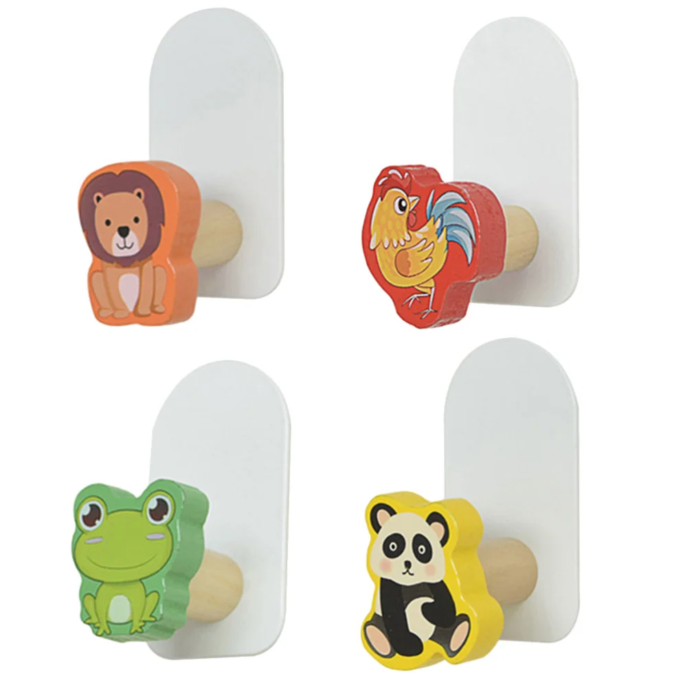 4pcs Wooden Wall Hooks Cartoon Wall Hooks Sticky Hanging Hooks Kids Room Animal Wall Hooks Wood Hooks