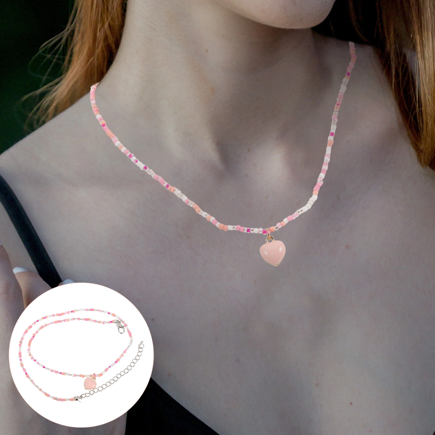 Women Necklace Teen Girls Beaded Necklace Heart Pendant Necklace Ladies Neck Jewelry