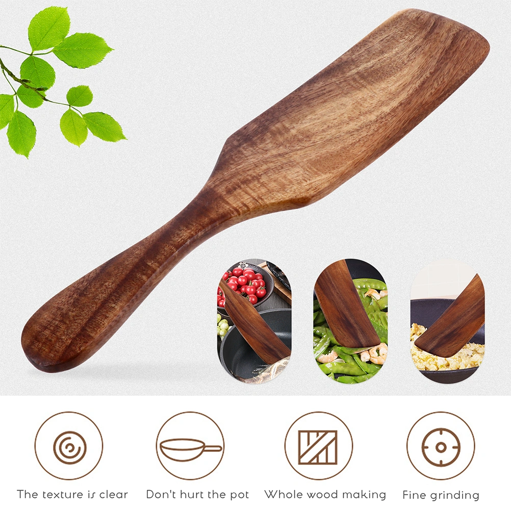 2pcs Cooking Wooden Spatula Tool Long Handle Portable Wood Spatula Non-stick Cook Spatula