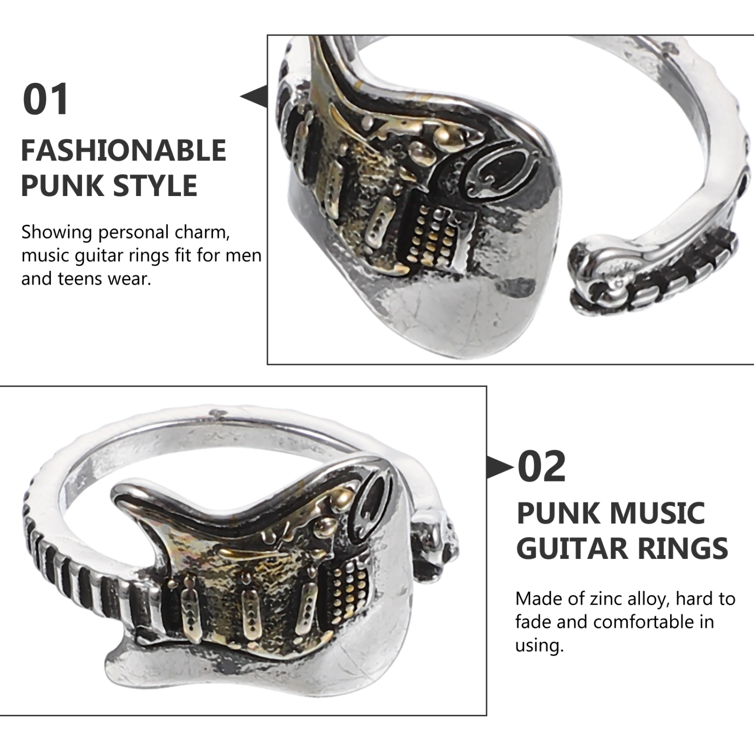 4pcs Music Guitar Rings Open Band Rings Men Punk Gothic Rings Cool Jewelry