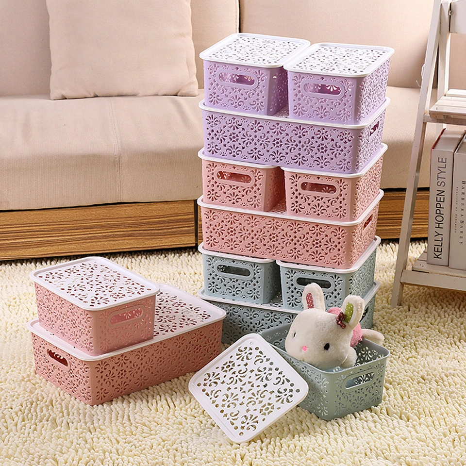 3pcs Exquisite Hollow Pattern Storage Bins Tabletop Lidded Cosmetics Storage Case