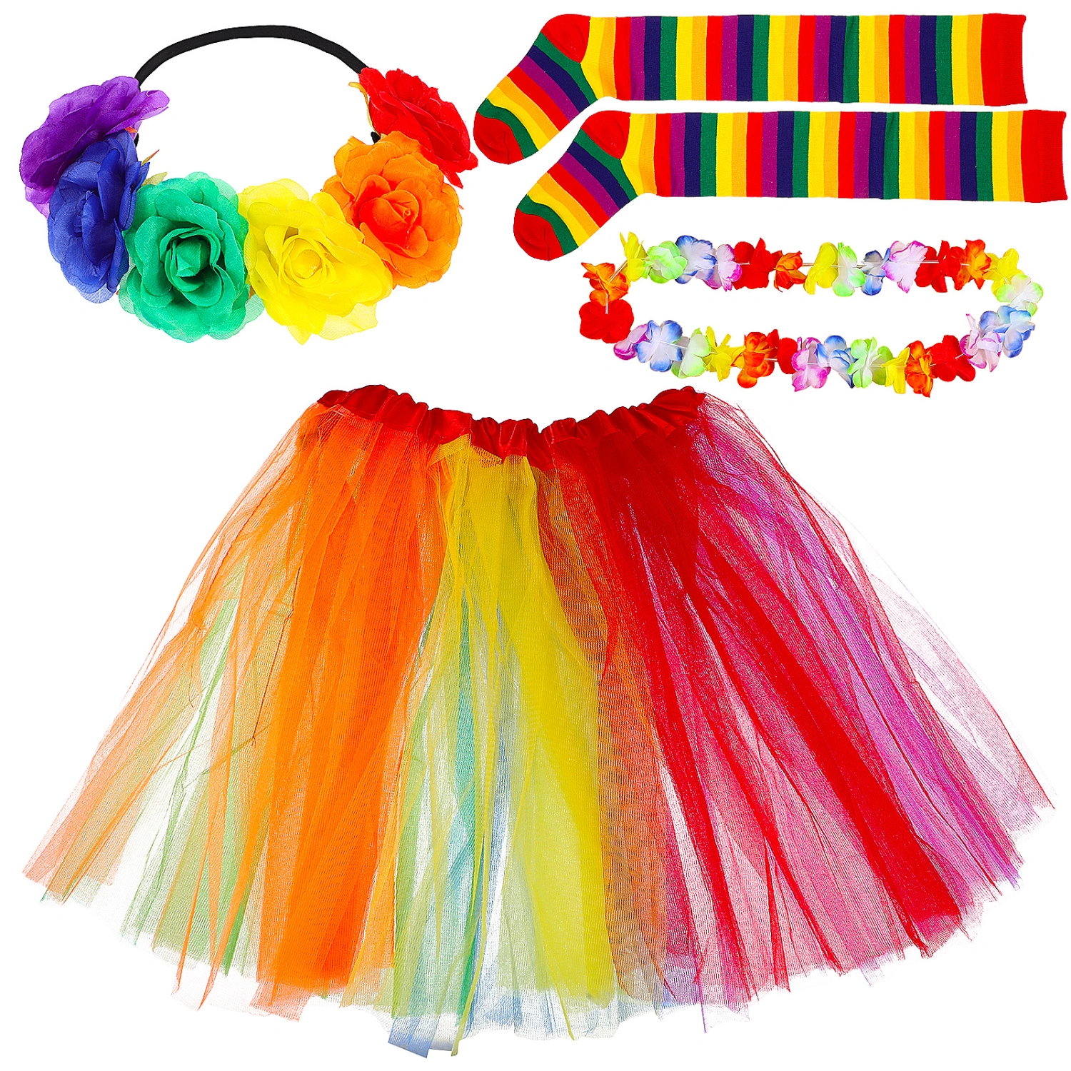 1 Set Pride Costume Accessories Tulle Tutu Skirt Pride Lei Flower Headband Over Knee Socks Girls Pride Costume Props