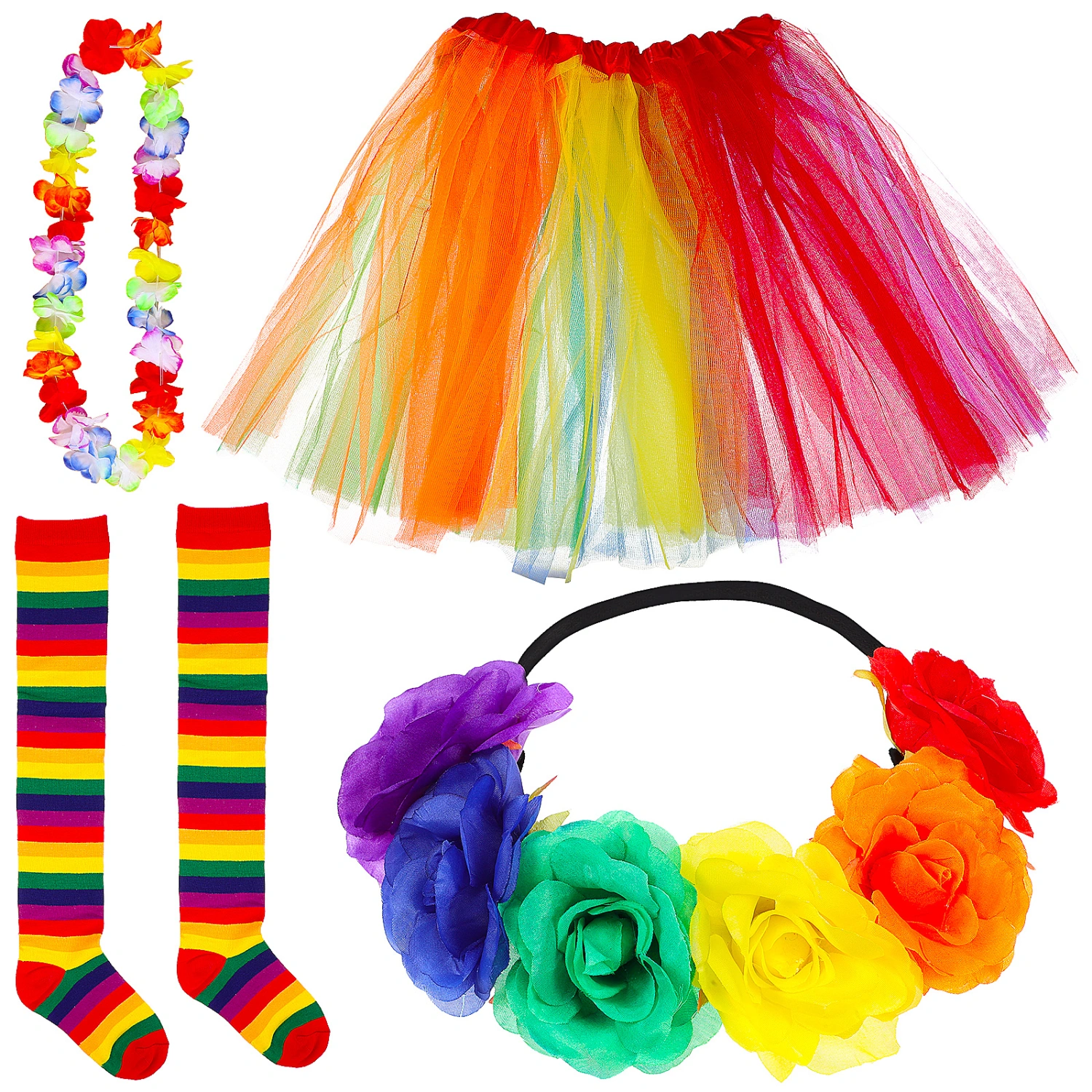 1 Set Pride Costume Accessories Tulle Tutu Skirt Pride Lei Flower Headband Over Knee Socks Girls Pride Costume Props