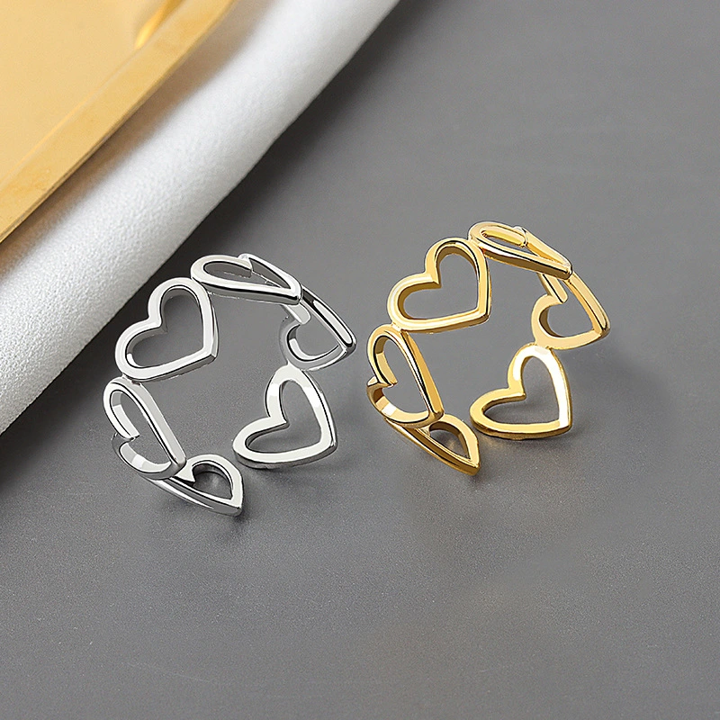 2pcs Love Heart Rings Open Rings Women Simple Rings Hollow Out Temperament Rings