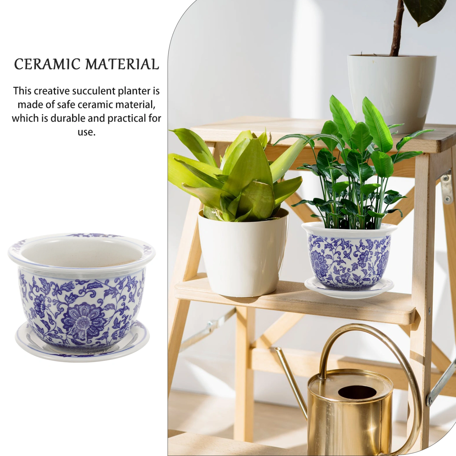 1 Set of Ceramic Flowerpot with Tray Decorative Plants Pot Ceramic Planter Balcony Planting Bonsai Pot