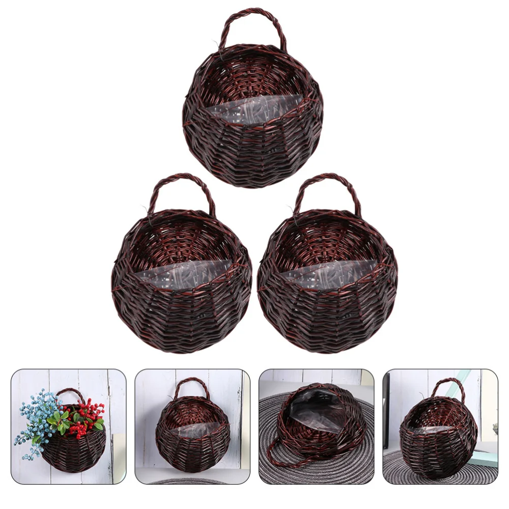 3pcs Wicker Woven Hanging Basket Wall Hanging Flower Basket Weaving Plants Basket for Home Garden