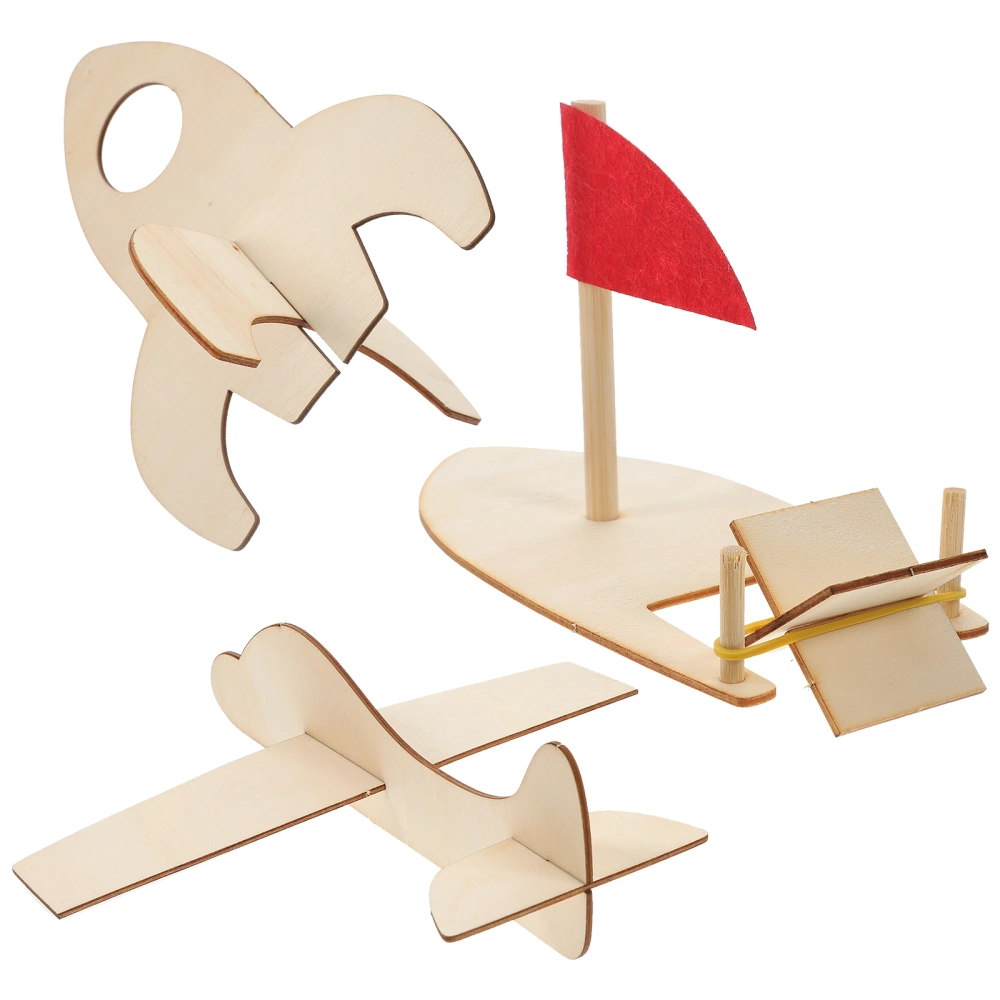 3Pcs DIY Wooden Airplane Toy Unfinished Airship Ship Graffiti Handicraft Toy for Kids