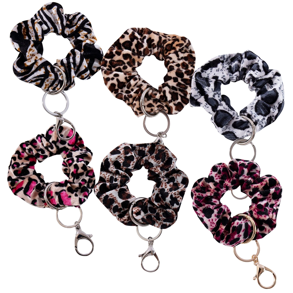 6pcs Leopard Print Wristlet Keychains Scrunchie Bracelet Keychain Wrist Strap Keyring