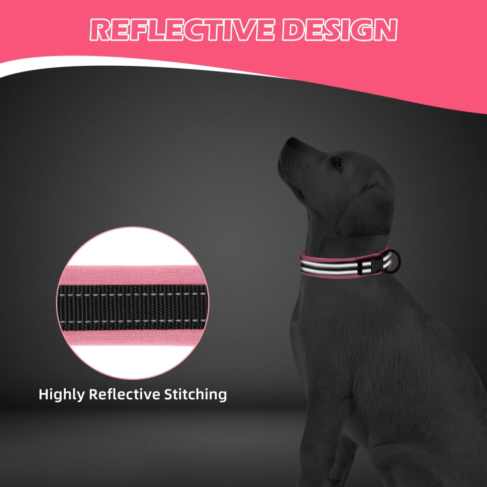 Reflective Dog Collar Anti-Lost Adjustable Safety Buckle Puppy Collar Pet Accessory Size L (Pink)