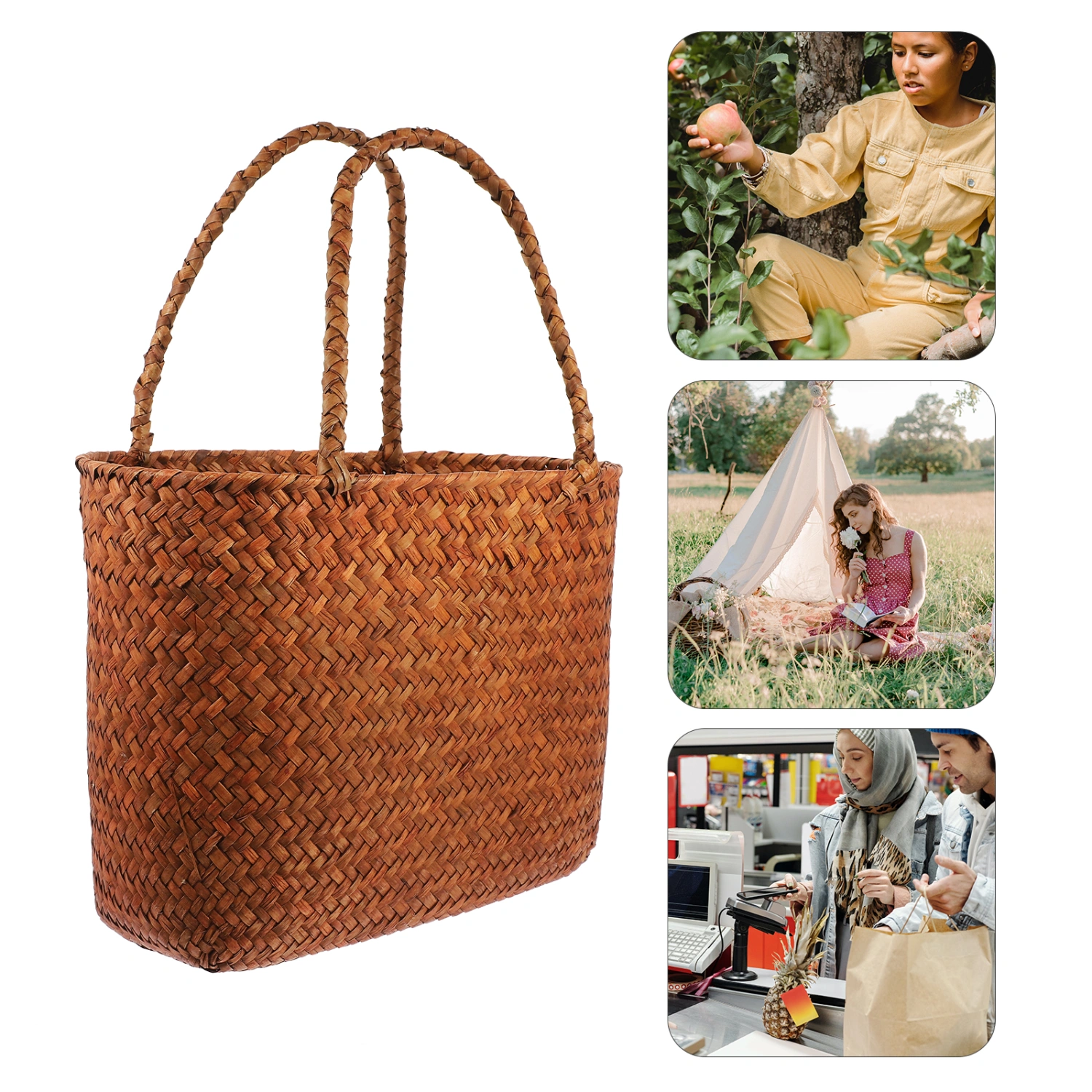 Woven Picnic Basket Handheld Woven Basket Fruits Vegetable Basket Hand Woven Basket