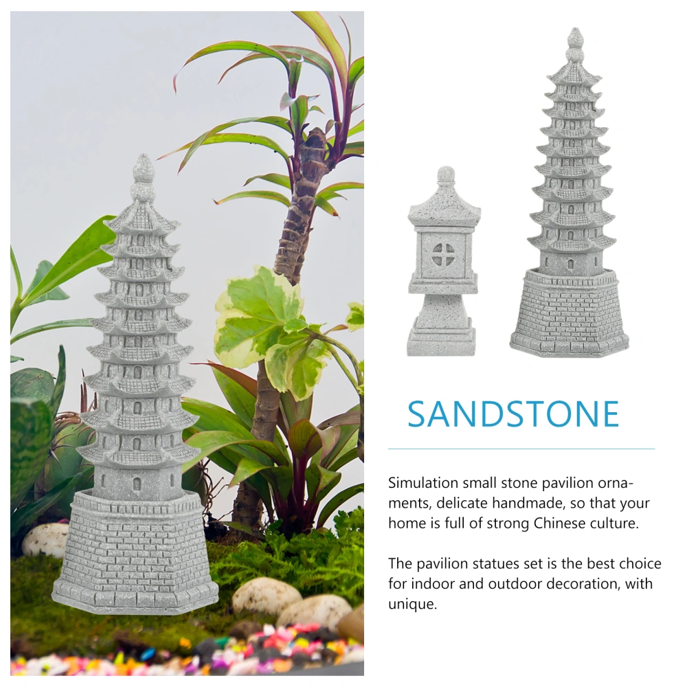 2pcs Micro Landscape Pavilion Statues Home Desktop Adorns Garden Mini Tower Decors