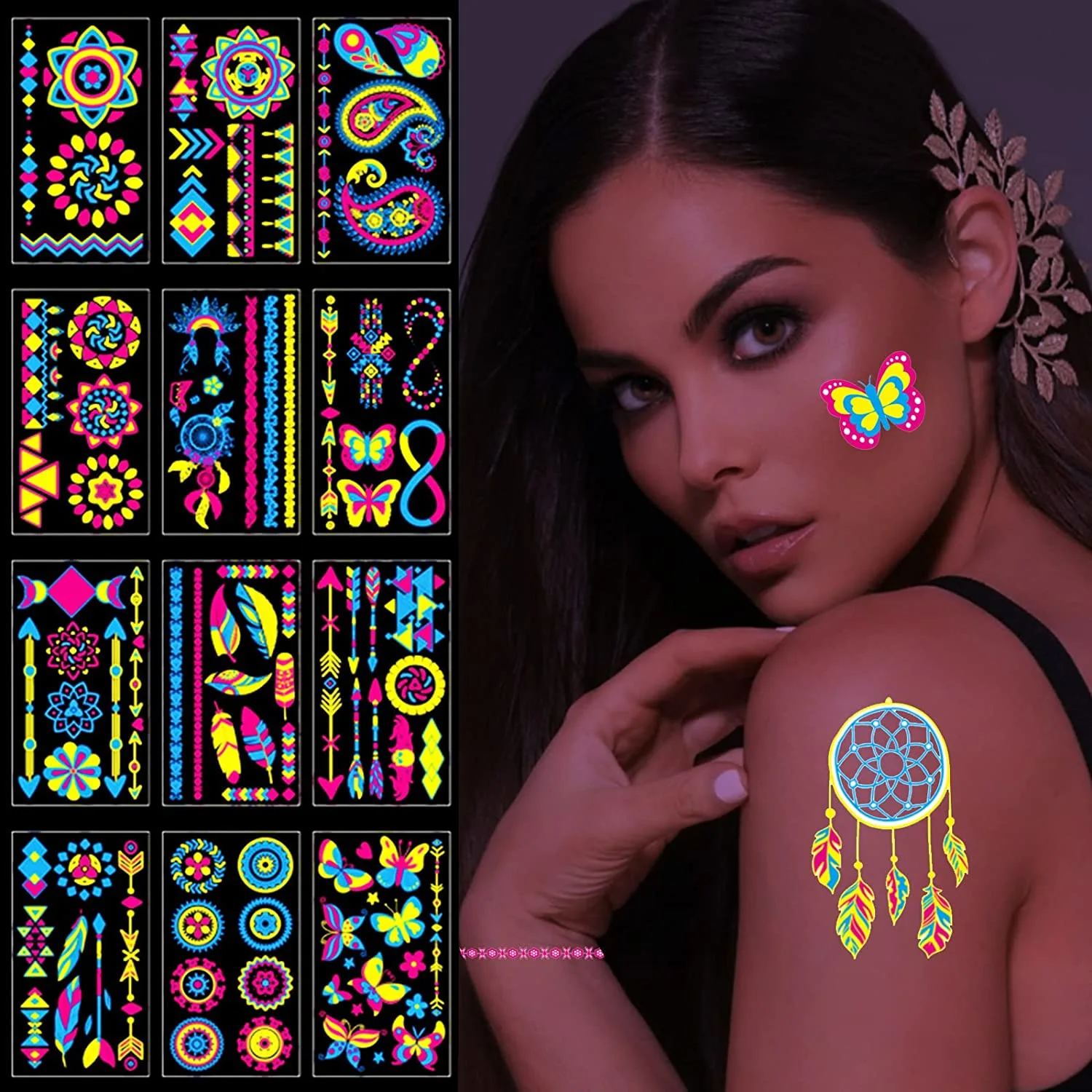 1 Set of Glow In The Dark Temporary Tattoos Neon Face Tattoos Sticker Body Skin Tattoos Decals