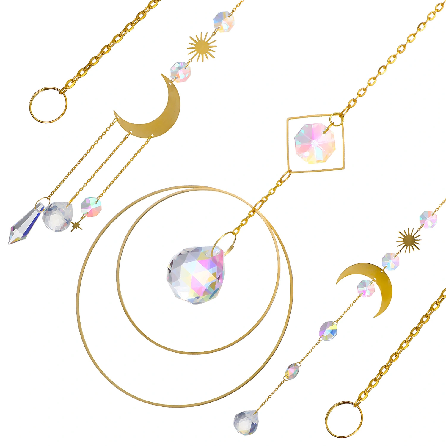 3Pcs Crystal Window Suncatchers Moon and Prism Pendant Decorative Hanging Wind Chime for Home Garden