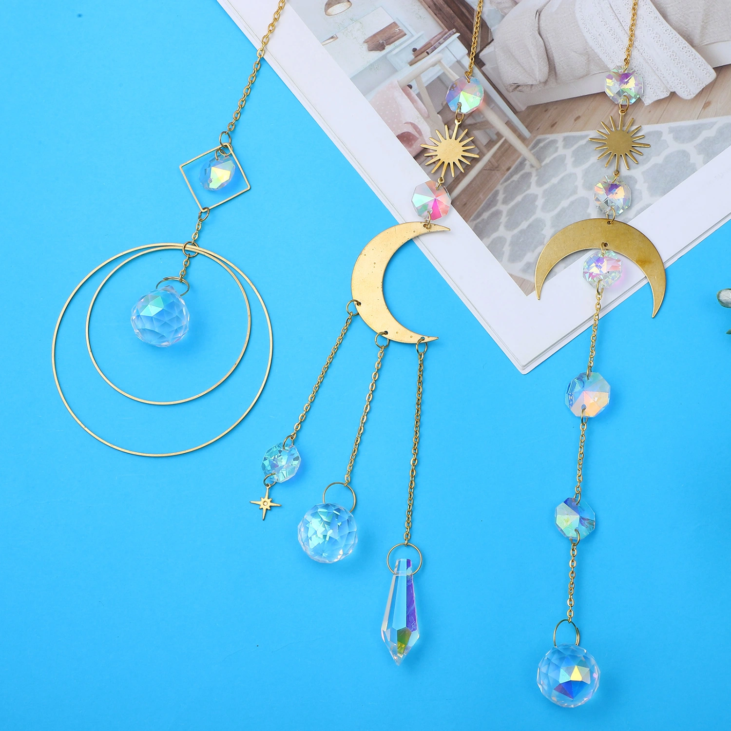 3Pcs Crystal Window Suncatchers Moon and Prism Pendant Decorative Hanging Wind Chime for Home Garden