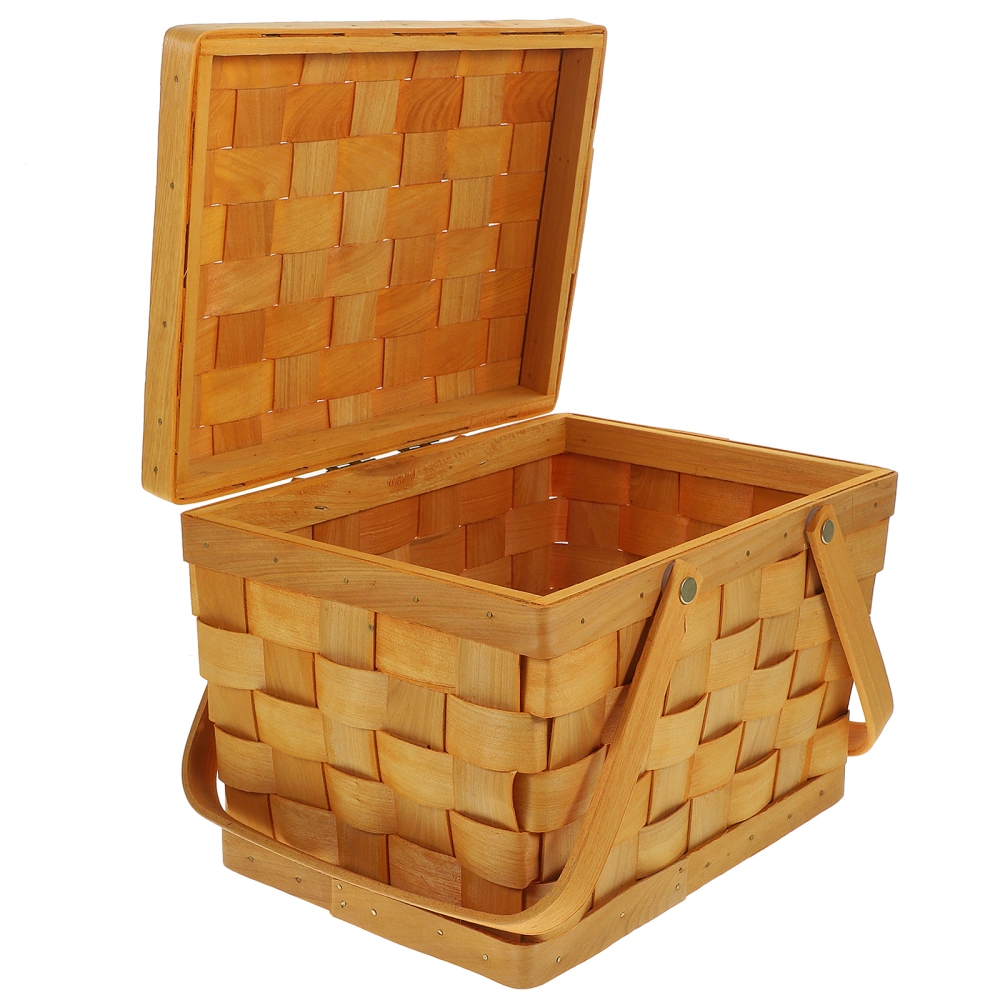 Picnic Basket Wood Chip Double Handles Basket Outdoor Picnic Basket Lidded Basket