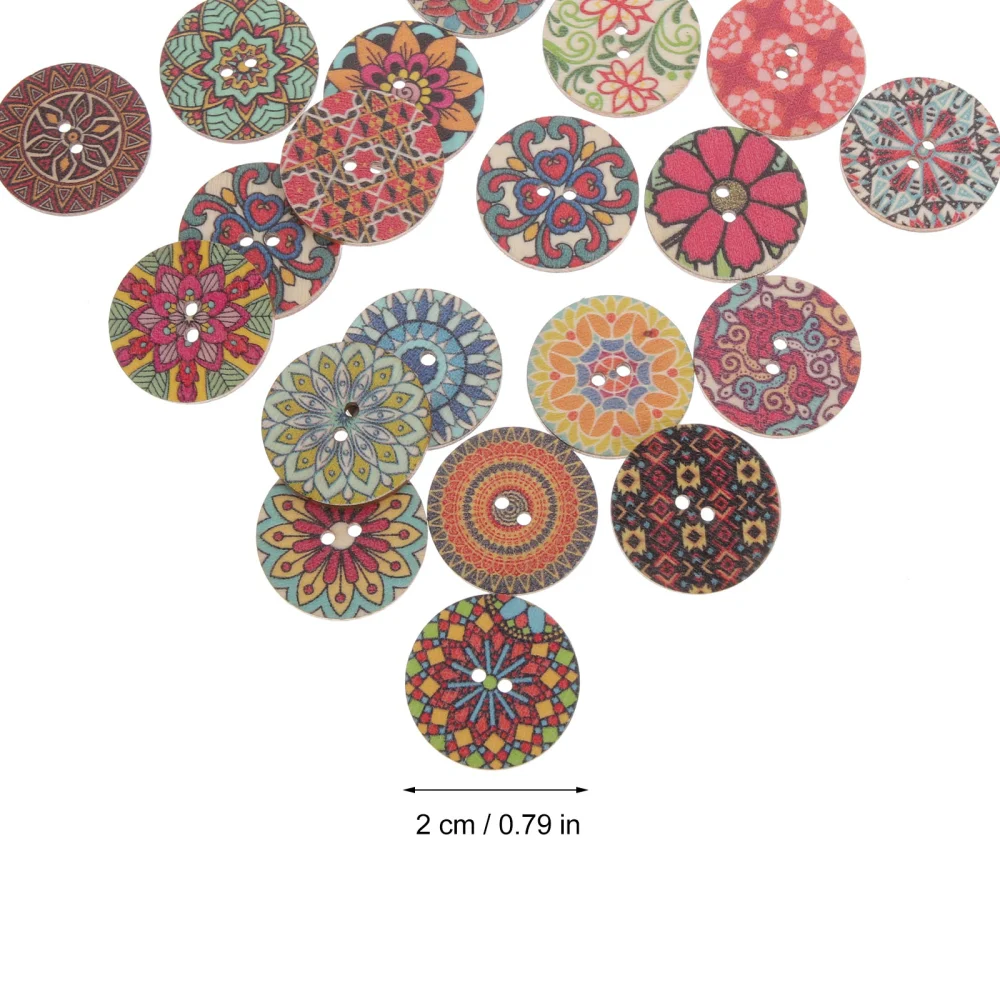 100pcs Bohemian Flower Pattern Wooden Buttons Flower Painting Buttons DIY Craft Embellishments Random Color