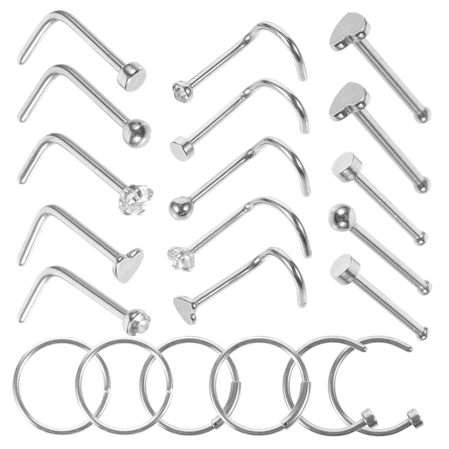 21 pcs Stainless Steel Nose Rings Nose Stud Piercing Jewelry Metal Nose Rings Hoops