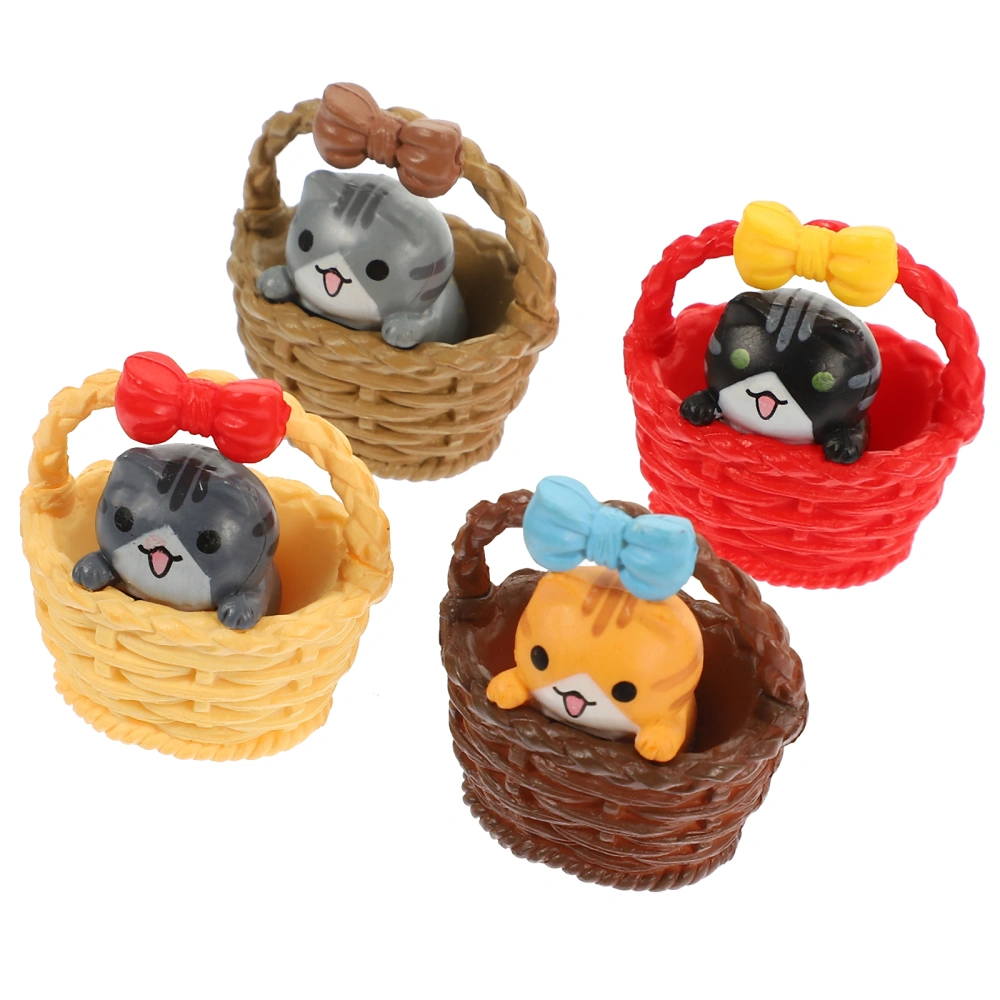 4pcs Miniature Cartoon Cat Ornament Creative Kitten In Basket Decoration Microlandscape Layout Prop