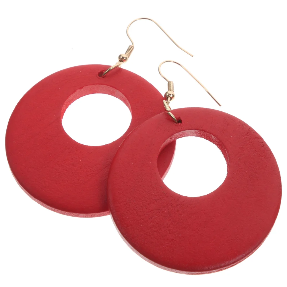 1 Pair of Geometric Round Ear Danglers Wooden Earrings Party Ear Pendants