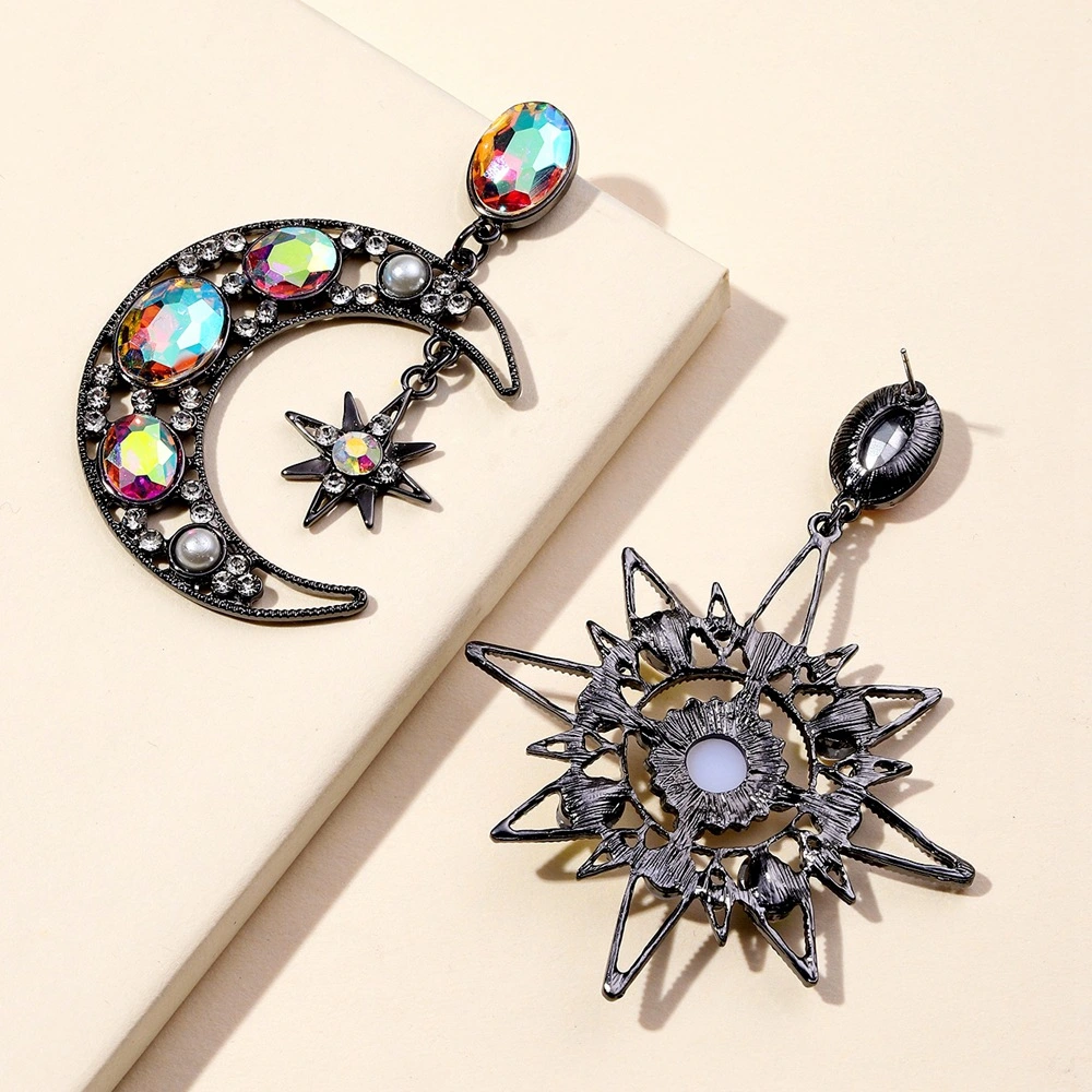 1 Pair Asymmetric Dangle Earrings Moon Star Mismatched Earrings Sparkling Dangle Drop Earrings