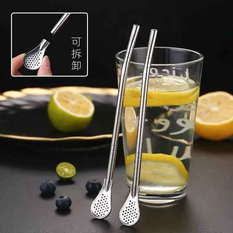 Stainless Steel Straw Stir Straw 2-in-1 Detachable Straw Coffee Stirrers Spoon