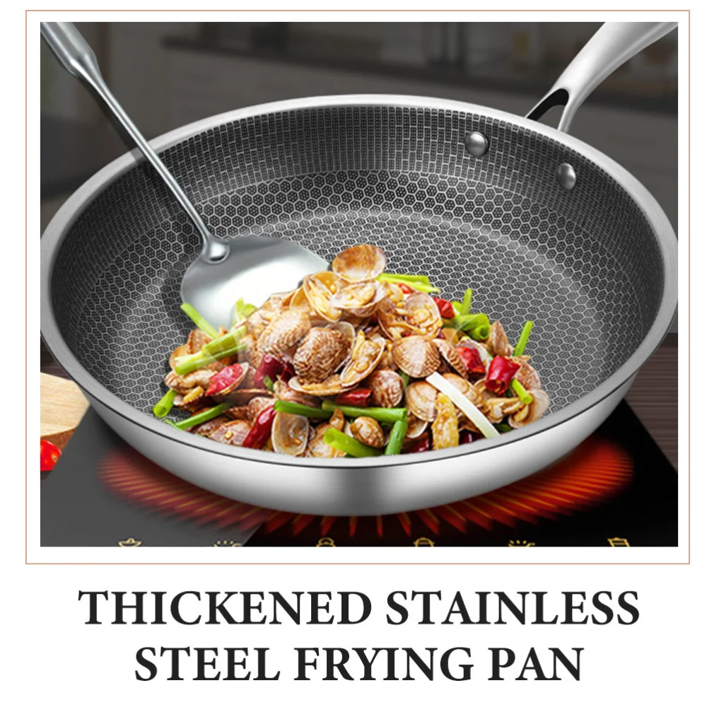 Stainless Steel Wok Honeycomb Grain Frying Pan Handled Kitchenware Traditional Pan