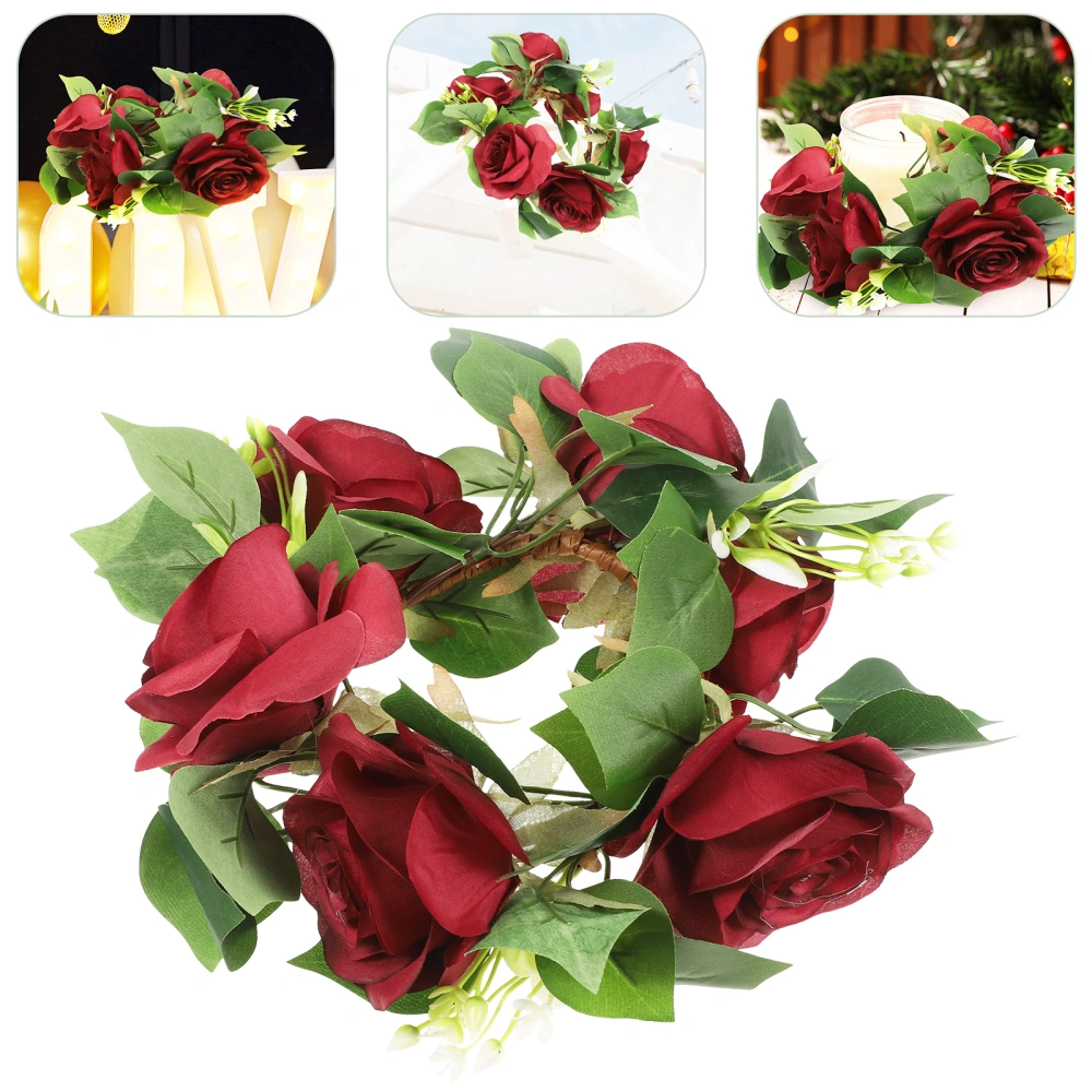 Candle Ring Artificial Rose Flower Candle Wreath Decorative Table Centerpiece for Wedding