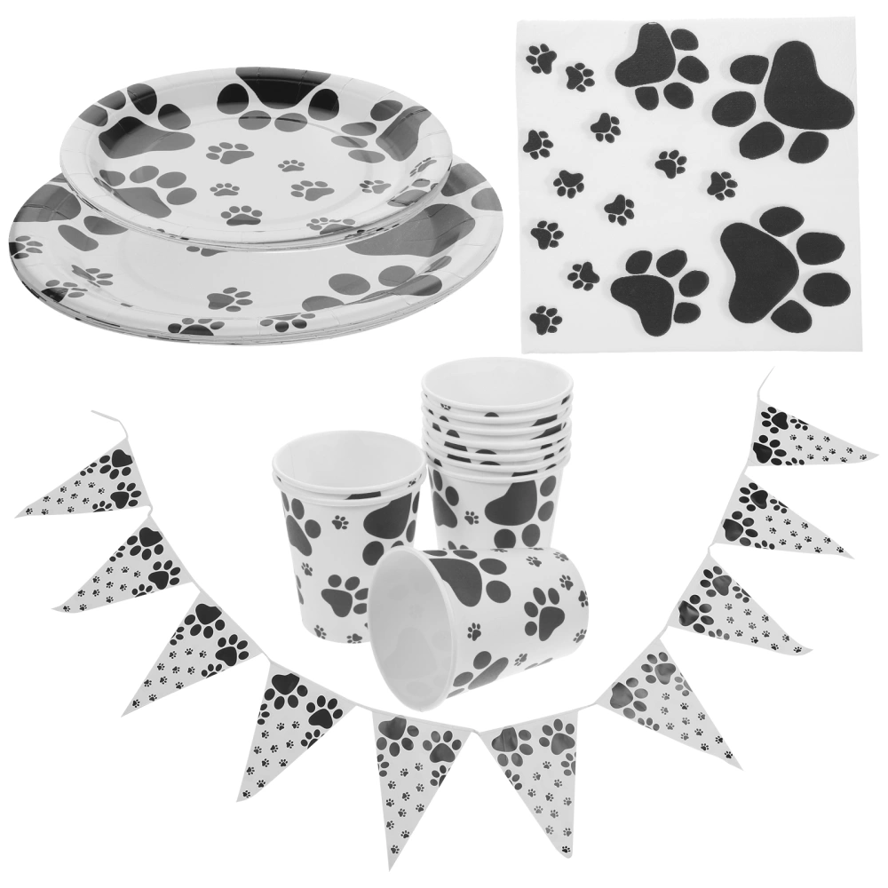 1 Set of Dog Theme Party Supplies Decorative Paper Plates Flags Banner Napkins Cups Set