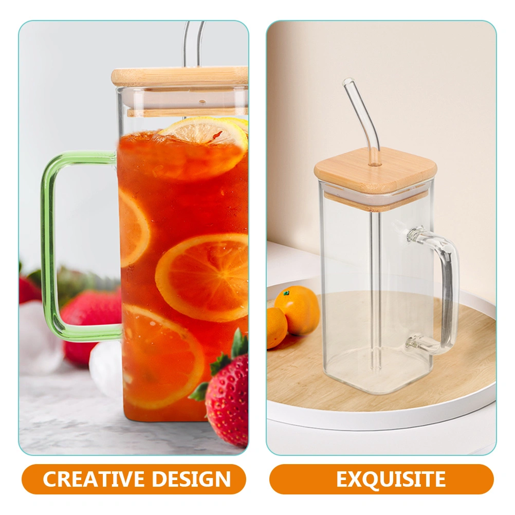 4Pcs Glass Cups Wide Mouth Drinking Glasses with Bamboo Lids Square Handle Cup and Straws