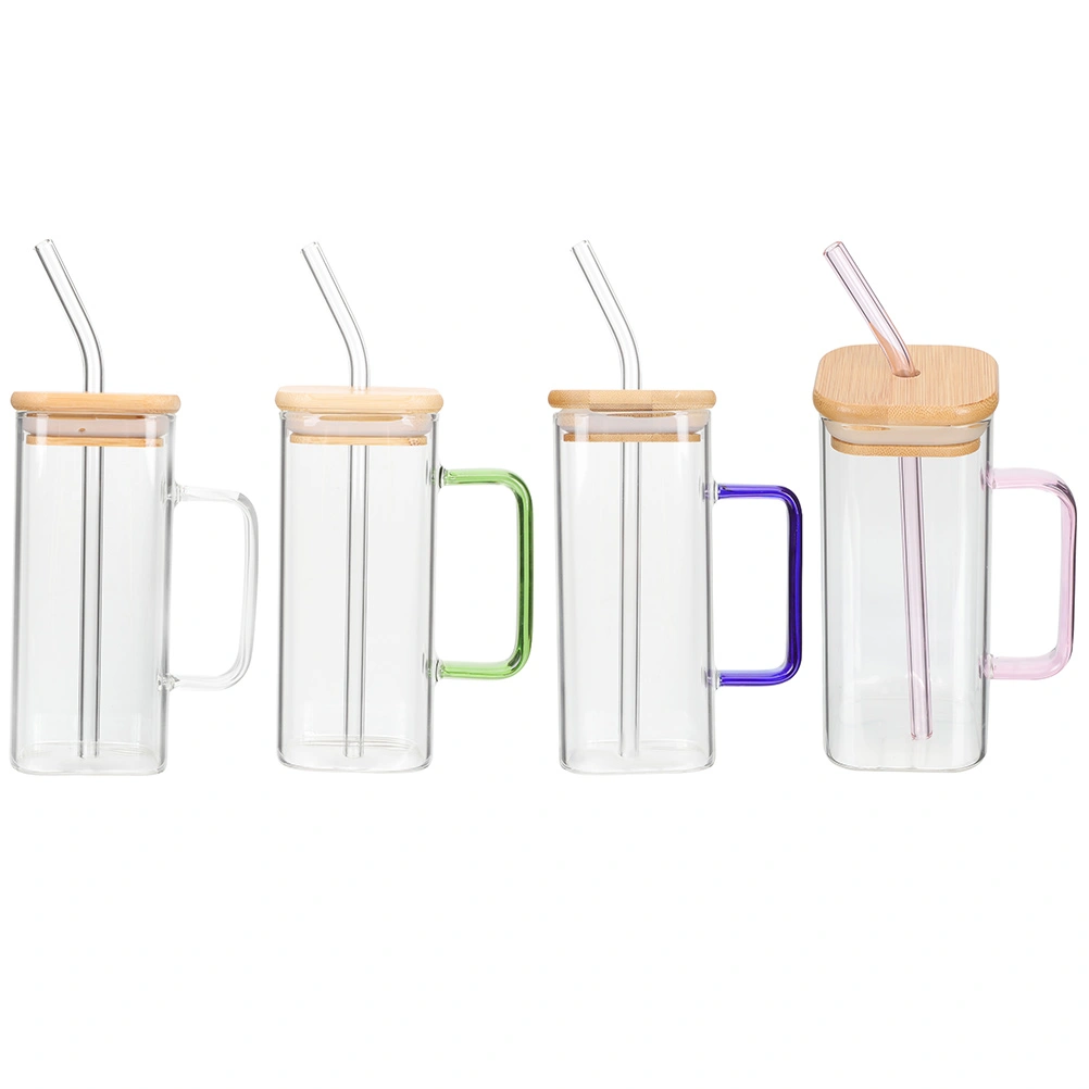 4Pcs Glass Cups Wide Mouth Drinking Glasses with Bamboo Lids Square Handle Cup and Straws