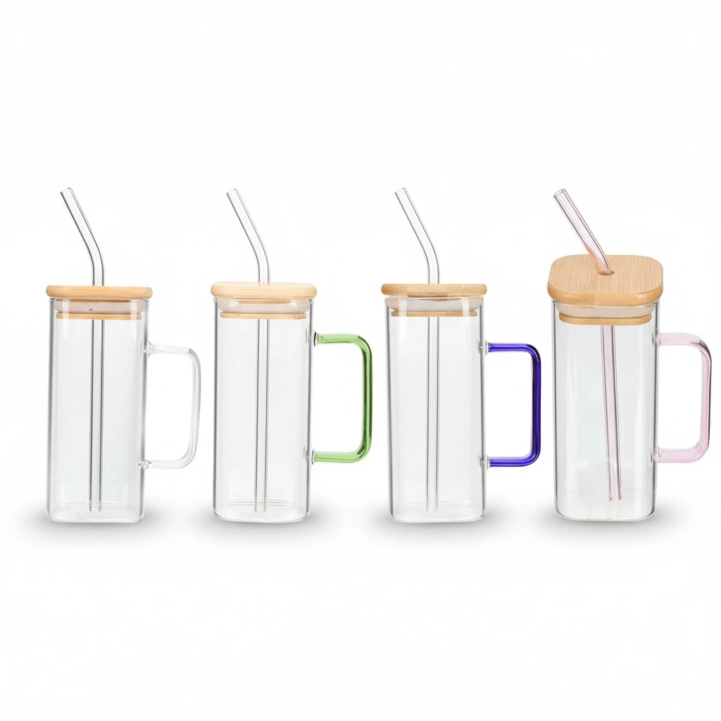 4Pcs Glass Cups Wide Mouth Drinking Glasses with Bamboo Lids Square Handle Cup and Straws