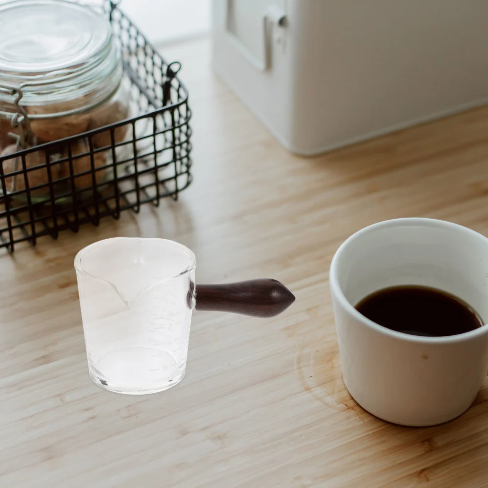 Double Spouts Measuring Cup with Wooden Handle Mini Sauce Pitcher Milk Coffee Pitcher