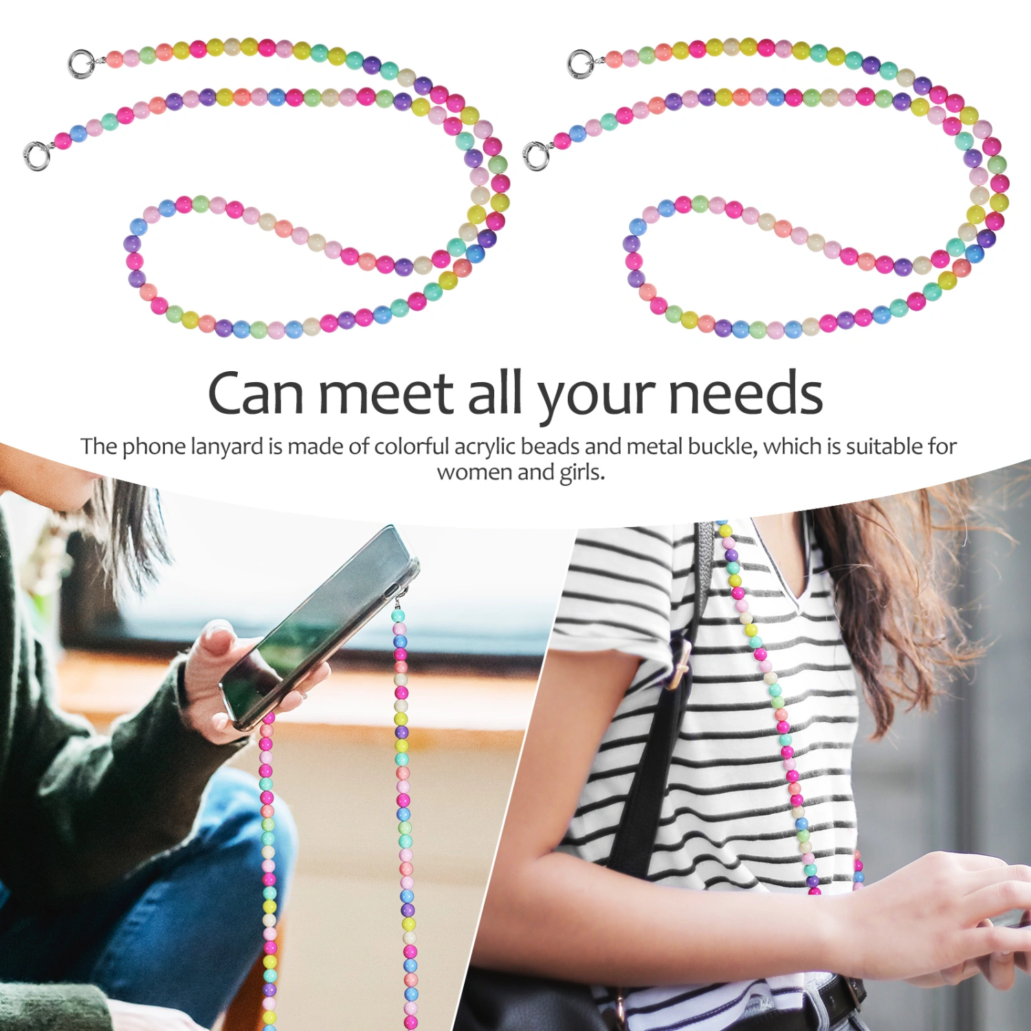 2Pcs Mobile Phone Chains Colorful Beads Cell Phone Lanyard Wrist Strap Hanging Cord