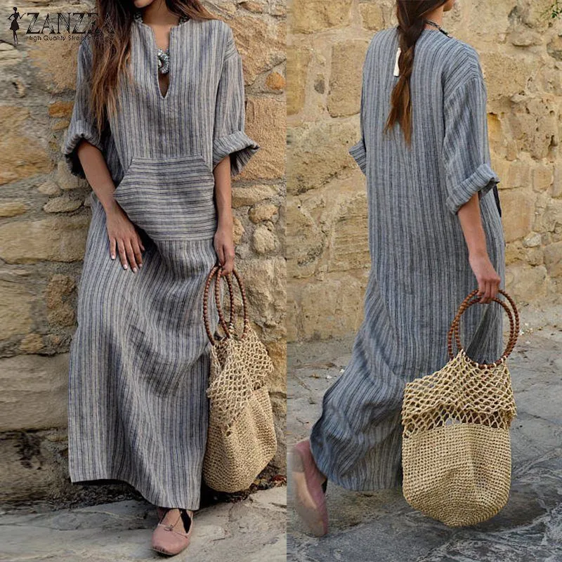 ZANZEA Women Sexy V-Neck Long Sleeve Dresses Vintage Casual Loose Maxi Long Vestidos