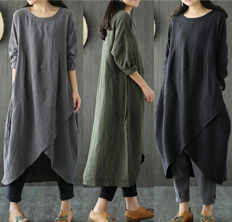 Spring New Women Crew Neck Long Sleeve Asymmetric Hem Cotton linen Loose Long Dress With Pockets