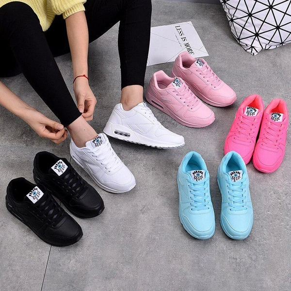 Women Fashion Sneakers Air Cushion Sports Shoes Pu Leather Blue Shoes White Pink Outdoor Walking Jogging Shoes Female Trainers