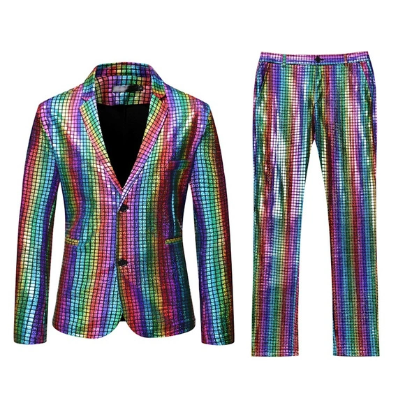 Mens 2-Piece Suit Shiny Sequins Tuxedo Blazer 70s Disco Party Jacket Pants Set Halloween Costume