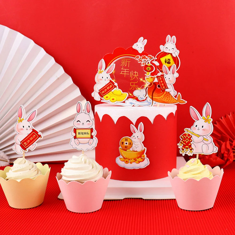 60pcs Chinese New Year Toppers Cake Picks Year of The Rabbit Paper Cake Decorations