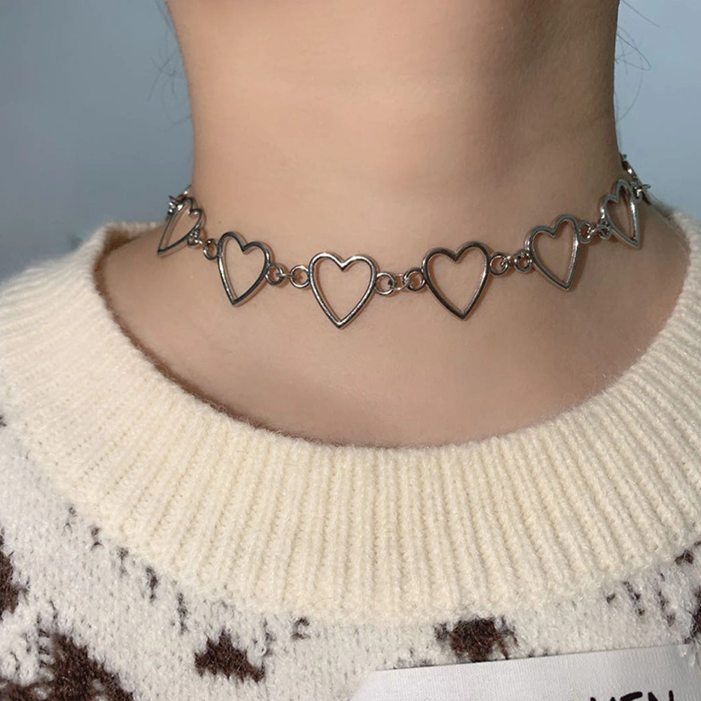 Hollow Heart Necklace Metal Heart Clavicle Chain Choker Jewelry for Women Girls