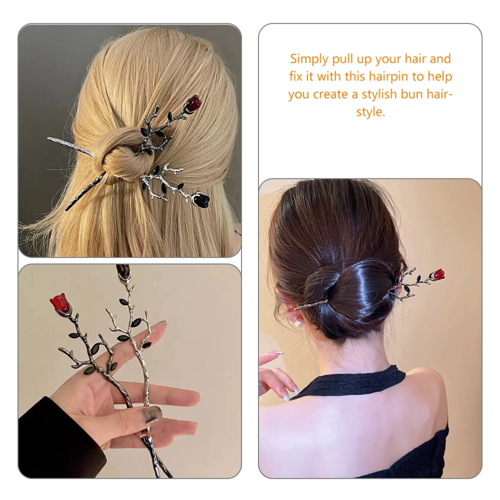 2pcs Rose Flower Hair Sticks Flower Hair Pin Retro Hair Chopstick Bun Hair Holder