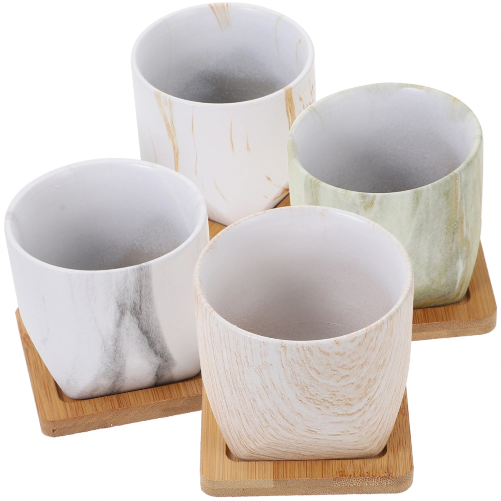 4 Sets Succulent Pot Ceramic Flowerpot Desktop Flowerpot Home Office Flowerpot with Bamboo Tray