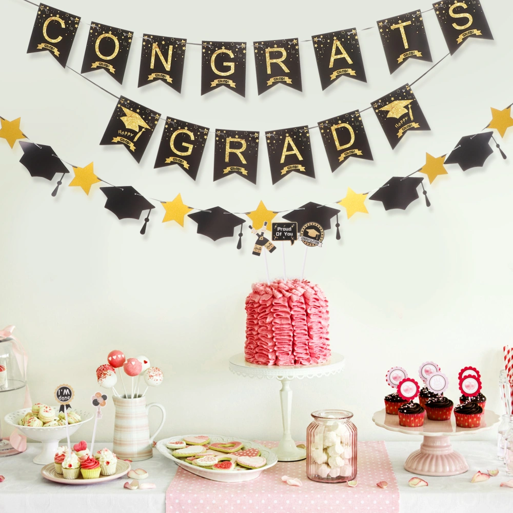 1 Set Congrats Grad Paper Banner with Graduation Themed Cake Picks Party Decoration