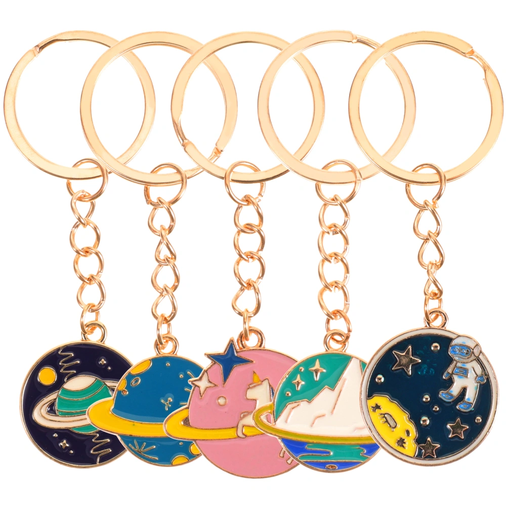 5pcs Creative Universe-themed Key Chain Decor Alloy Round Key Pendant Cartoon Key Ring Ornament