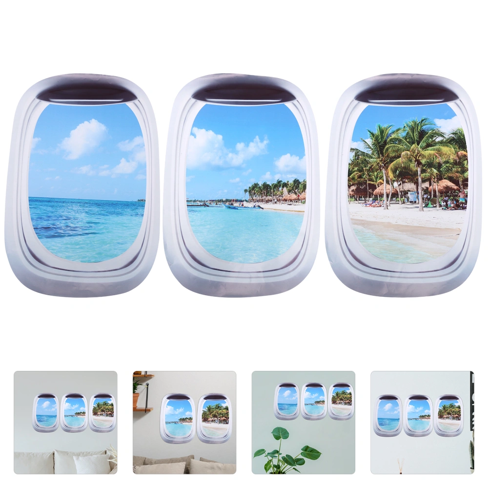 3pcs Creative Simulated Airplane Window Sticker Decorative Home Use Wall Decal Landscape Sticker