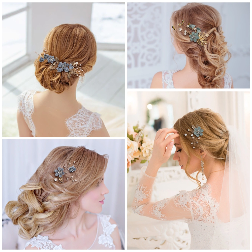 2 Set of Wedding Hair Clip Combs with Hair Sticks Beads Leaf Flower Hair Accessories for Women