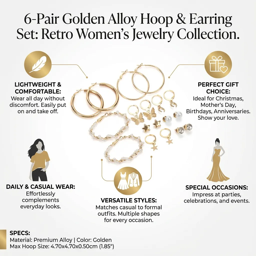 6 Pairs Hoops Earrings Alloy Round Earring Hoops Retro Women Ear Jewelry