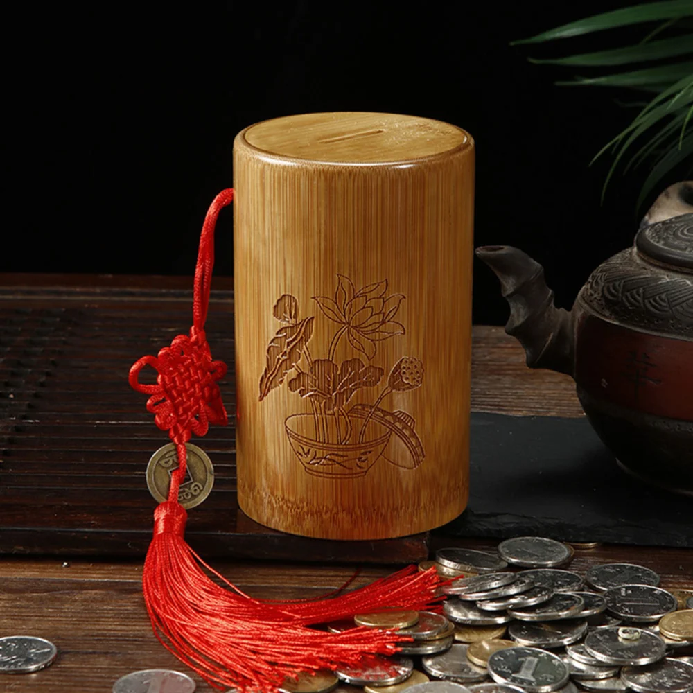 Chinese Style Bamboo Coin Bank Decorative Coin Container Bamboo Coin Holder Coin Accessory