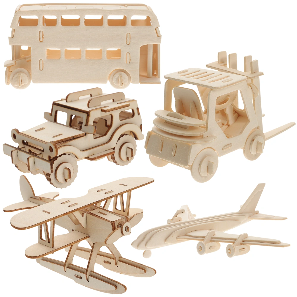 5pcs Wooden Airplane Model Wood Bus Car Model Wood Forklift Handicraft Toys