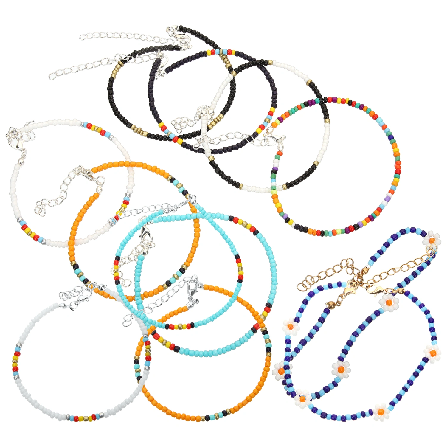 12 pcs Beach Beaded Anklets Colorful Beads Anklet Foot Chain Jewelry for Women